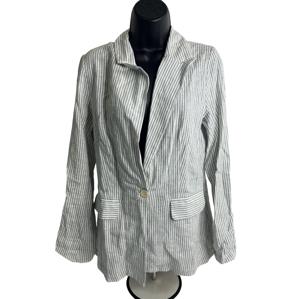 Sage The Label Blazer Womens Small Blue White Striped Linen Blend Single Button